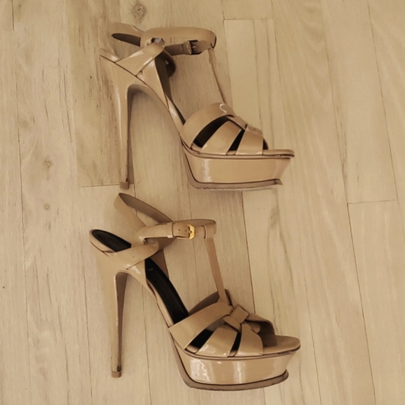Saint Laurent YSL Beige Patent Leather Tribute Platform Heels Sandals Size 38.5 - Picture 1 of 14